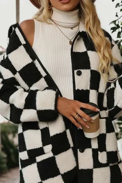 Online Dear-Lover Checkered Side Pockets Collared Buttoned Fleece Jacket Black
