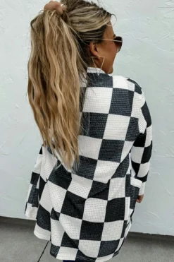 Fashion Dear-Lover Checkered Waffle Knit Thumbhole Open Front Cardigan Black