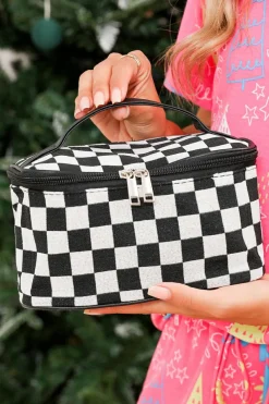 New Dear-Lover Checkered Zipper Large Cosmetic Bag with Handle Black