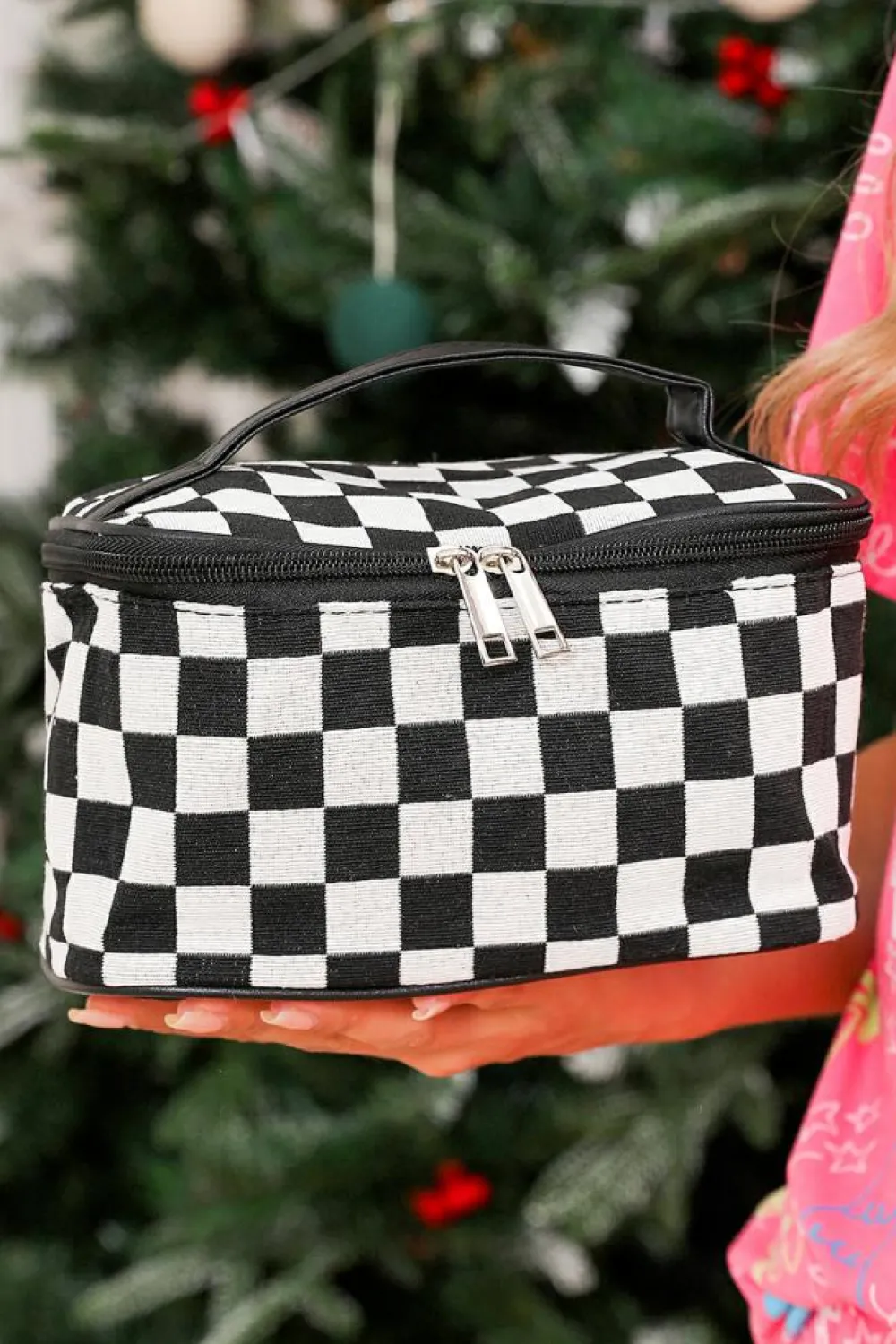 New Dear-Lover Checkered Zipper Large Cosmetic Bag with Handle Black