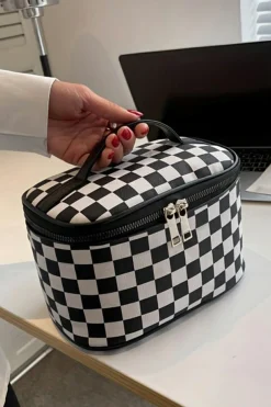 New Dear-Lover Checkered Zipper Large Cosmetic Bag with Handle Black