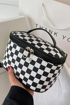 New Dear-Lover Checkered Zipper Large Cosmetic Bag with Handle Black