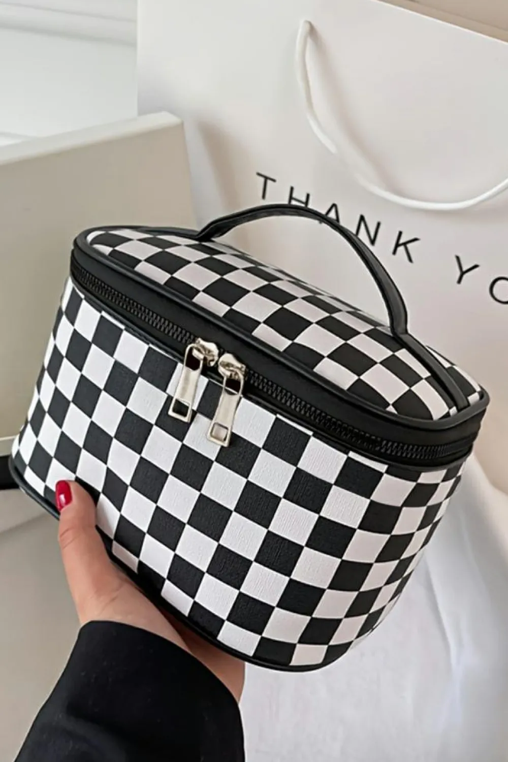 New Dear-Lover Checkered Zipper Large Cosmetic Bag with Handle Black