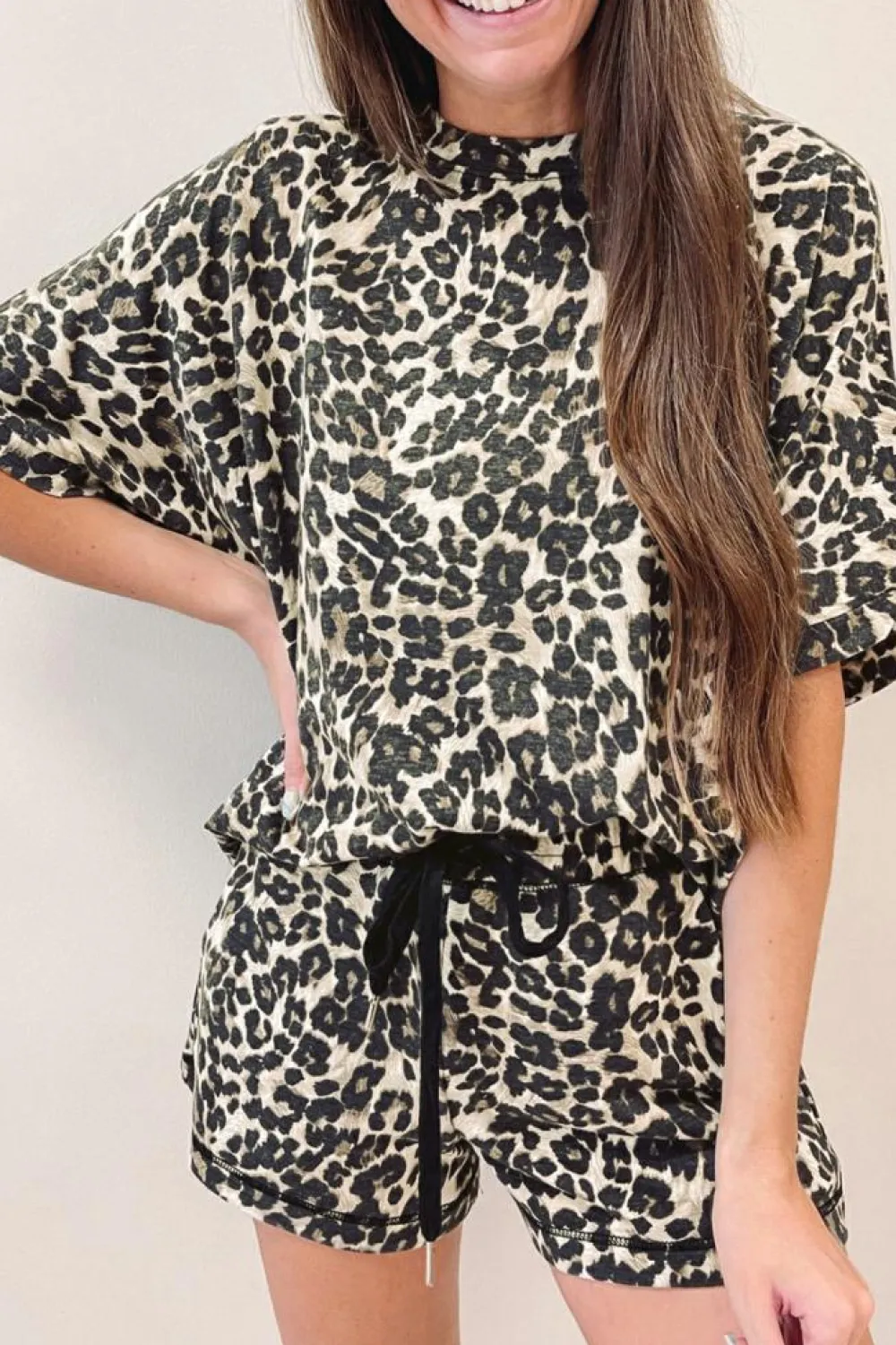 Best Dear-Lover Cheetah Printed Casual Tee and Shorts Lounge Set Black