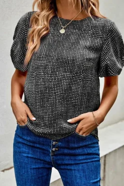 Discount Dear-Lover Cheetah Short Puff Sleeve Blouse Black