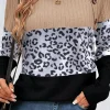 Clearance Dear-Lover Cheetah Textured Patchwork Buttoned Round Neck T Shirt Black