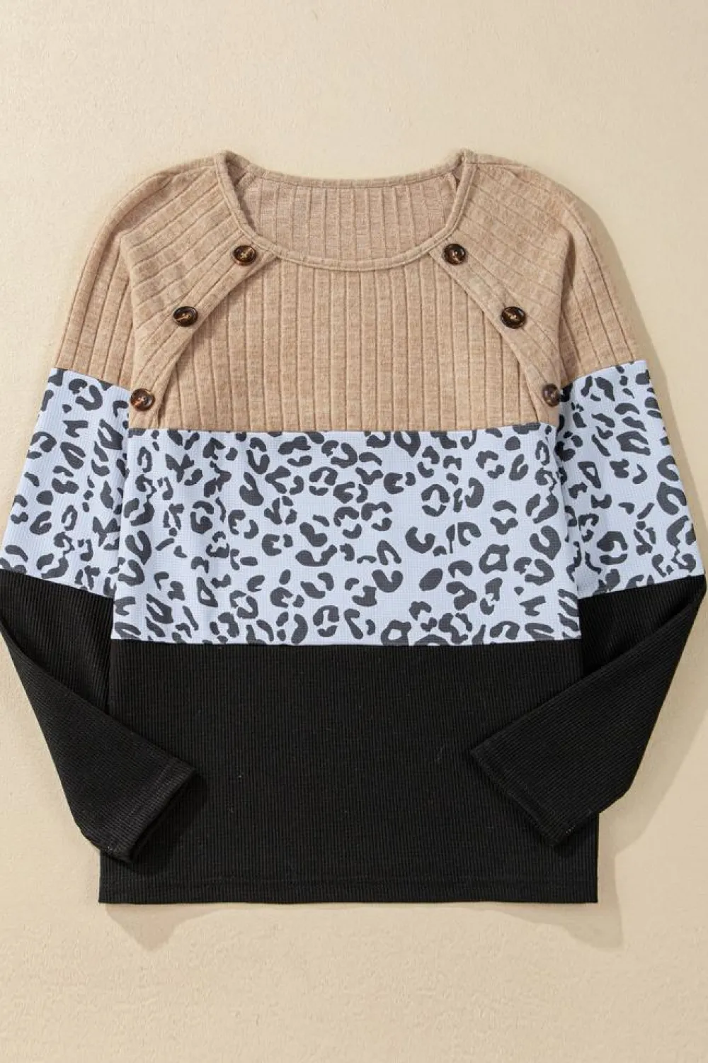 Clearance Dear-Lover Cheetah Textured Patchwork Buttoned Round Neck T Shirt Black