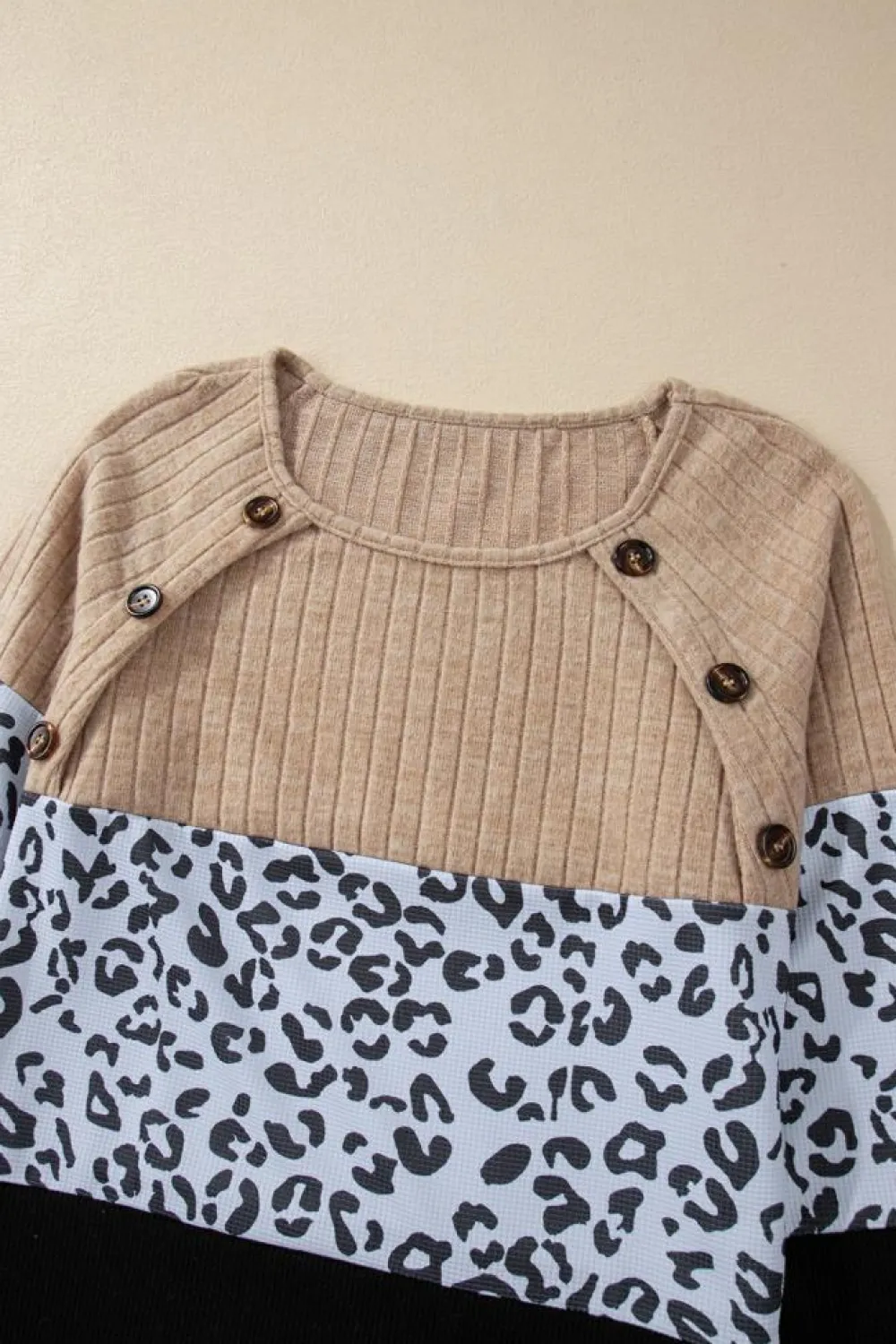 Clearance Dear-Lover Cheetah Textured Patchwork Buttoned Round Neck T Shirt Black