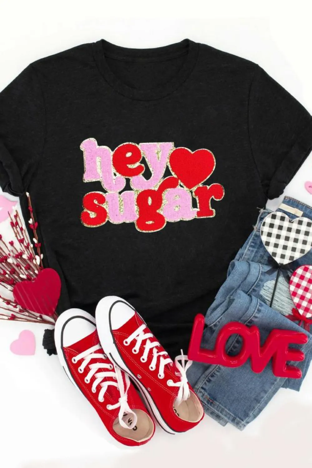 Online Dear-Lover Chenille Heart hey sugar Patched Crewneck Valentines Tee Black
