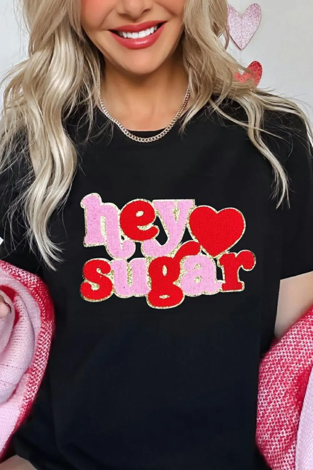 Online Dear-Lover Chenille Heart hey sugar Patched Crewneck Valentines Tee Black