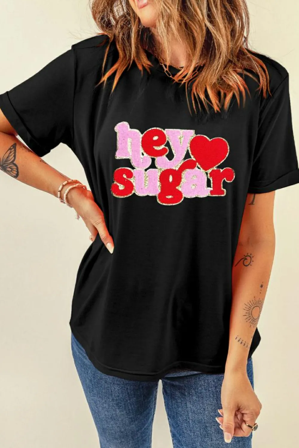 Online Dear-Lover Chenille Heart hey sugar Patched Crewneck Valentines Tee Black