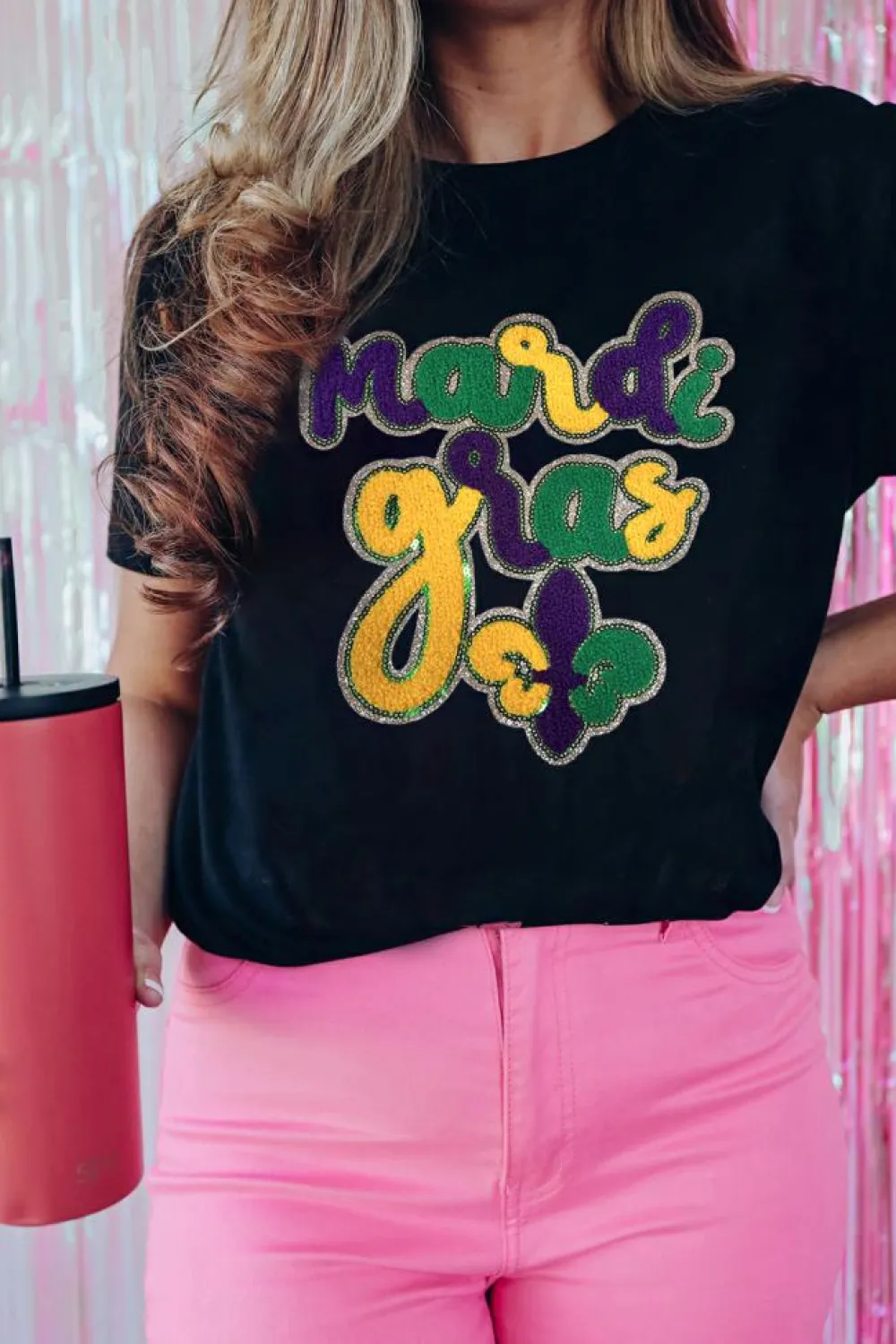 Hot Dear-Lover Chenille Mardi Gras Letter Graphic Tee Black