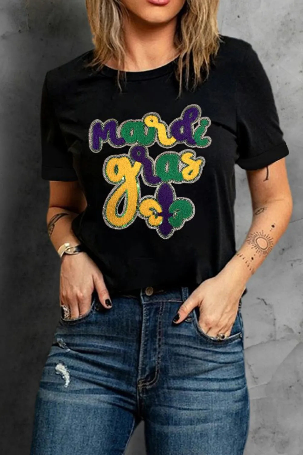 Hot Dear-Lover Chenille Mardi Gras Letter Graphic Tee Black