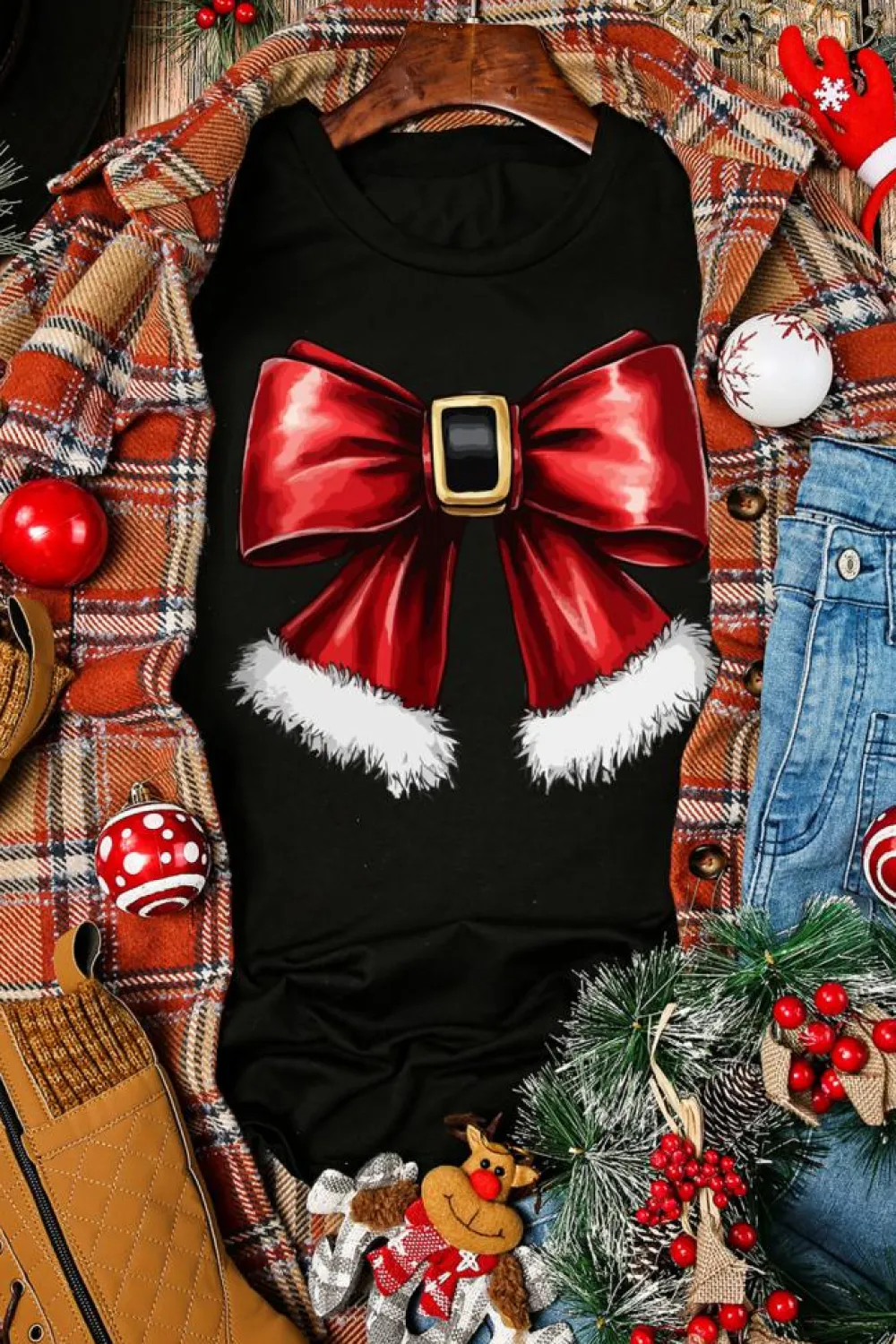 Outlet Dear-Lover Christmas Big Bowknot Graphic Crewneck T Shirt Black