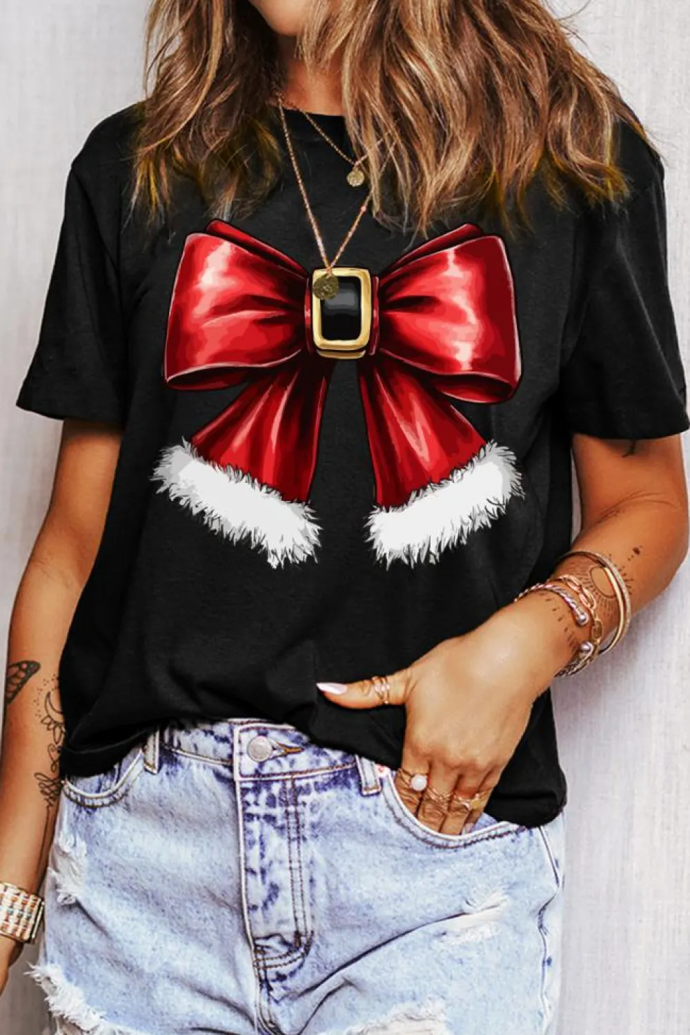 Outlet Dear-Lover Christmas Big Bowknot Graphic Crewneck T Shirt Black