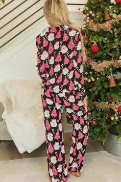 Outlet Dear-Lover Christmas Santa Printed Two Piece Pajamas Set Black
