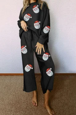 Outlet Dear-Lover Christmas Sequined Santa Clause Print Textured Pants Set Black