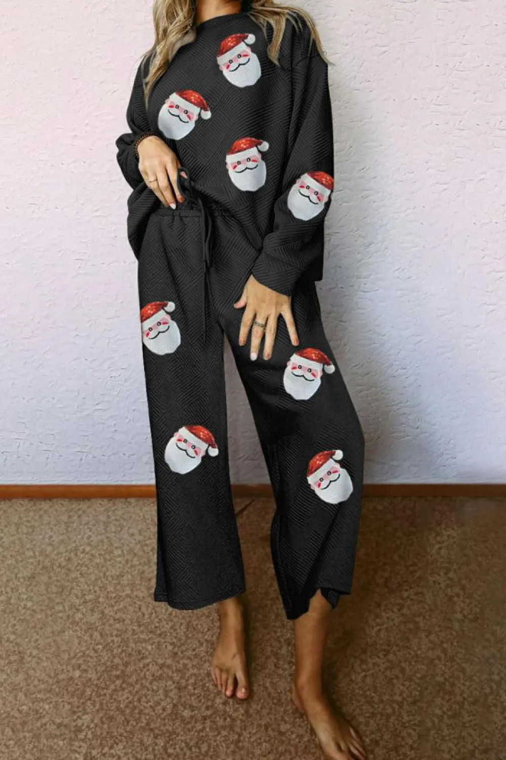 Outlet Dear-Lover Christmas Sequined Santa Clause Print Textured Pants Set Black