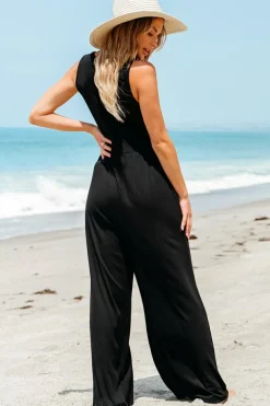 Discount Dear-Lover Cinched Waist Sleeveless Wide Leg Jumpsuit Black