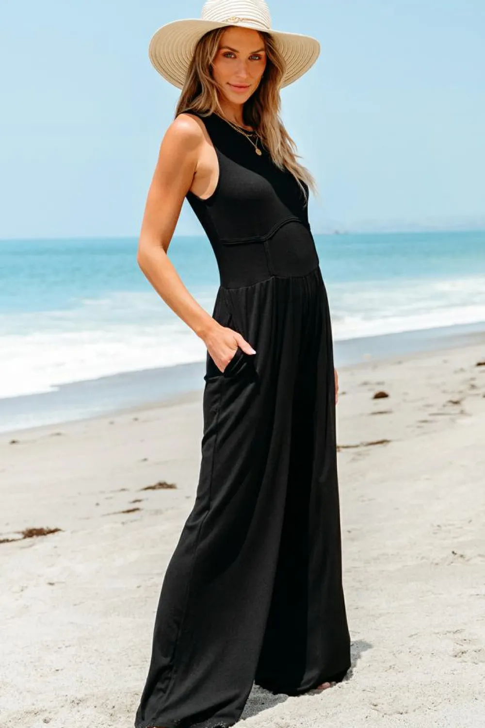 Discount Dear-Lover Cinched Waist Sleeveless Wide Leg Jumpsuit Black