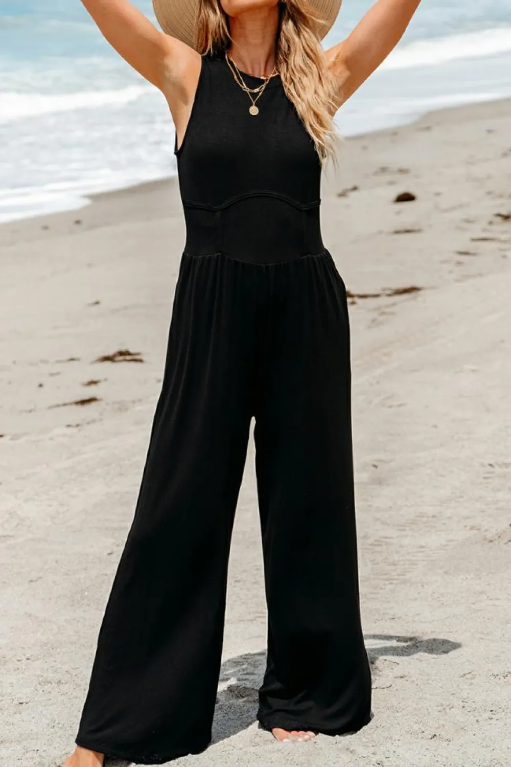 Discount Dear-Lover Cinched Waist Sleeveless Wide Leg Jumpsuit Black