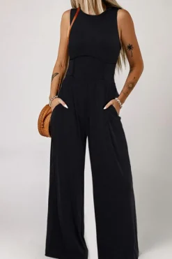 Discount Dear-Lover Cinched Waist Sleeveless Wide Leg Jumpsuit Black