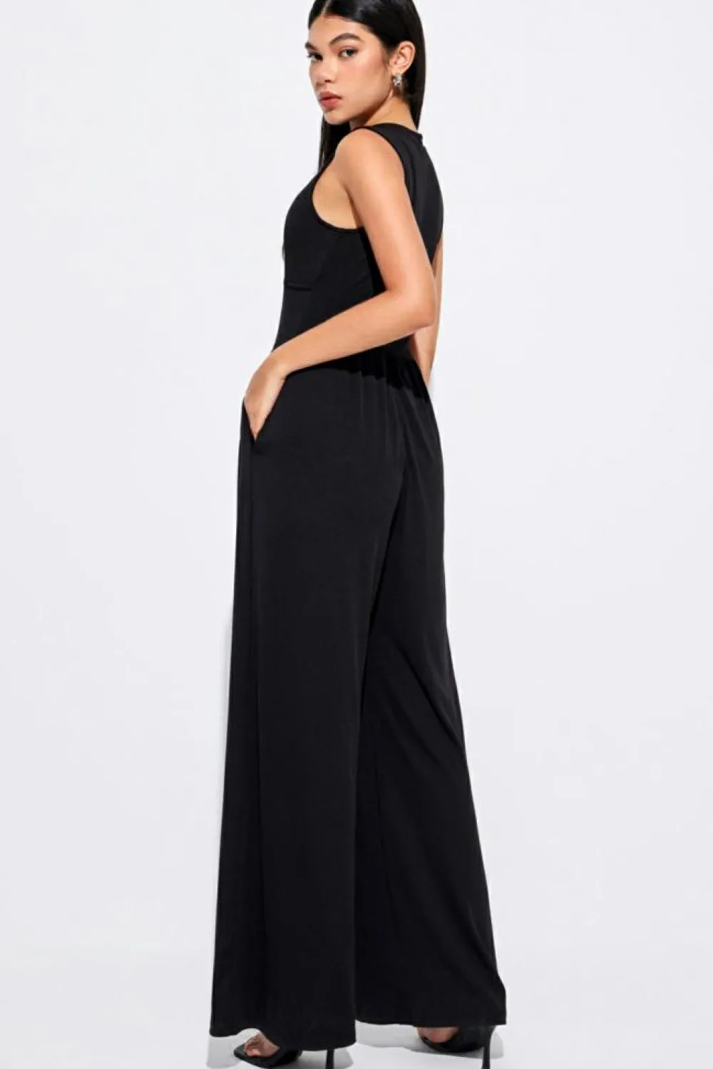 Discount Dear-Lover Cinched Waist Sleeveless Wide Leg Jumpsuit Black