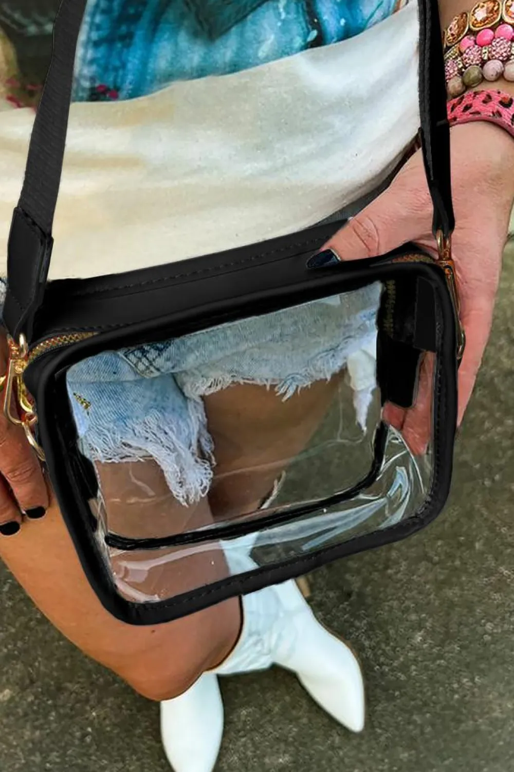 Fashion Dear-Lover Clear PVC Leather Strap Crossbody Bag Black