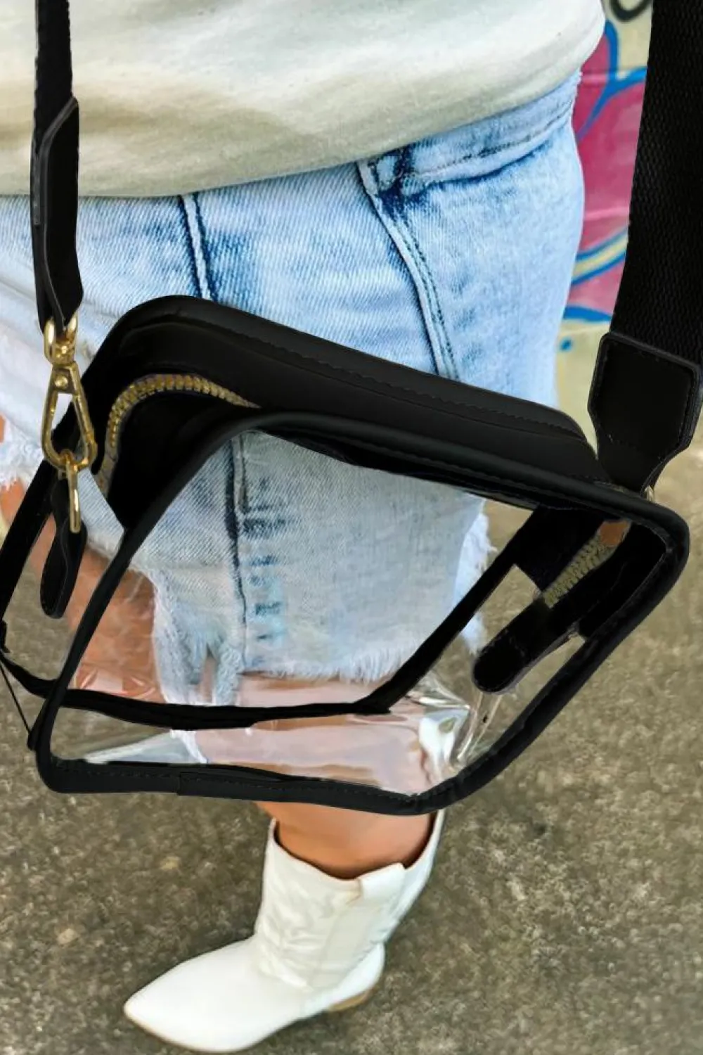 Fashion Dear-Lover Clear PVC Leather Strap Crossbody Bag Black