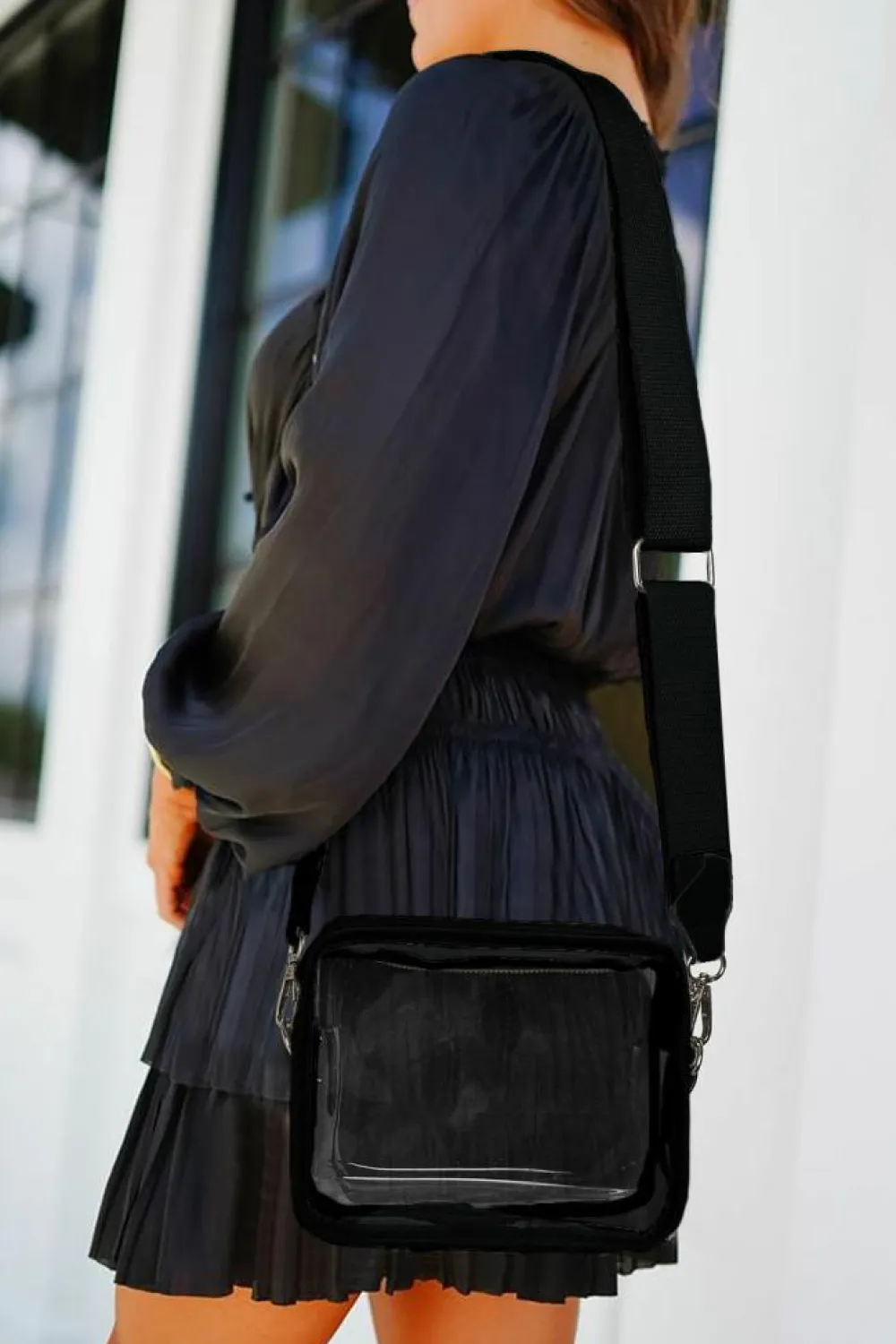 Fashion Dear-Lover Clear PVC Leather Strap Crossbody Bag Black