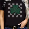 Fashion Dear-Lover Clover Checkered Rhinestone Crew Neck T Shirt Black
