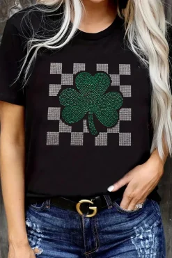 Fashion Dear-Lover Clover Checkered Rhinestone Crew Neck T Shirt Black
