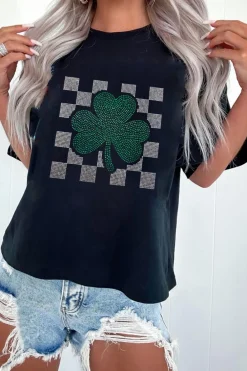 Fashion Dear-Lover Clover Checkered Rhinestone Crew Neck T Shirt Black