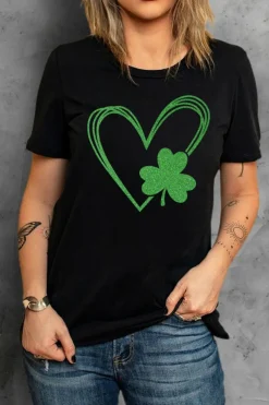 Clearance Dear-Lover Clover Heart Shaped Graphic Tee Black