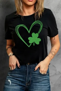 Clearance Dear-Lover Clover Heart Shaped Graphic Tee Black