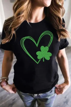 Clearance Dear-Lover Clover Heart Shaped Graphic Tee Black