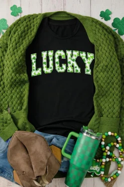Outlet Dear-Lover Clover LUCKY Letter Graphic St Patricks Day T Shirt Black