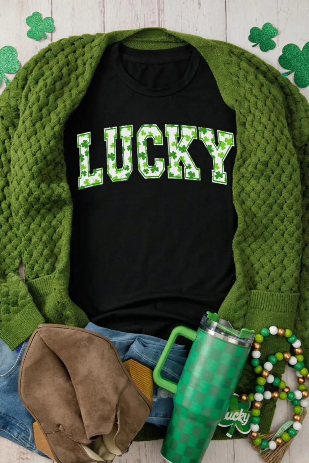 Outlet Dear-Lover Clover LUCKY Letter Graphic St Patricks Day T Shirt Black