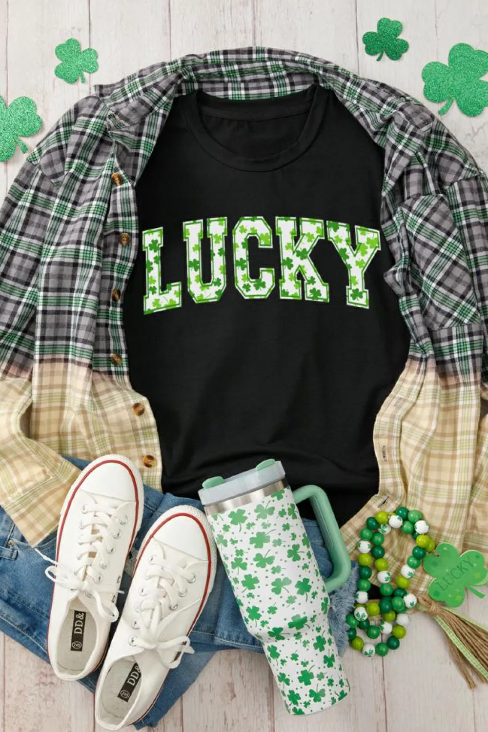 Outlet Dear-Lover Clover LUCKY Letter Graphic St Patricks Day T Shirt Black