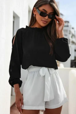 Outlet Dear-Lover Cold Shoulder Bishop Sleeve Blouse Black