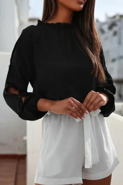 Outlet Dear-Lover Cold Shoulder Bishop Sleeve Blouse Black