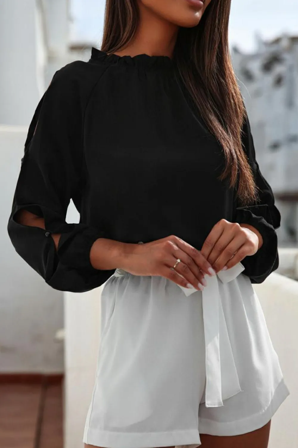 Outlet Dear-Lover Cold Shoulder Bishop Sleeve Blouse Black