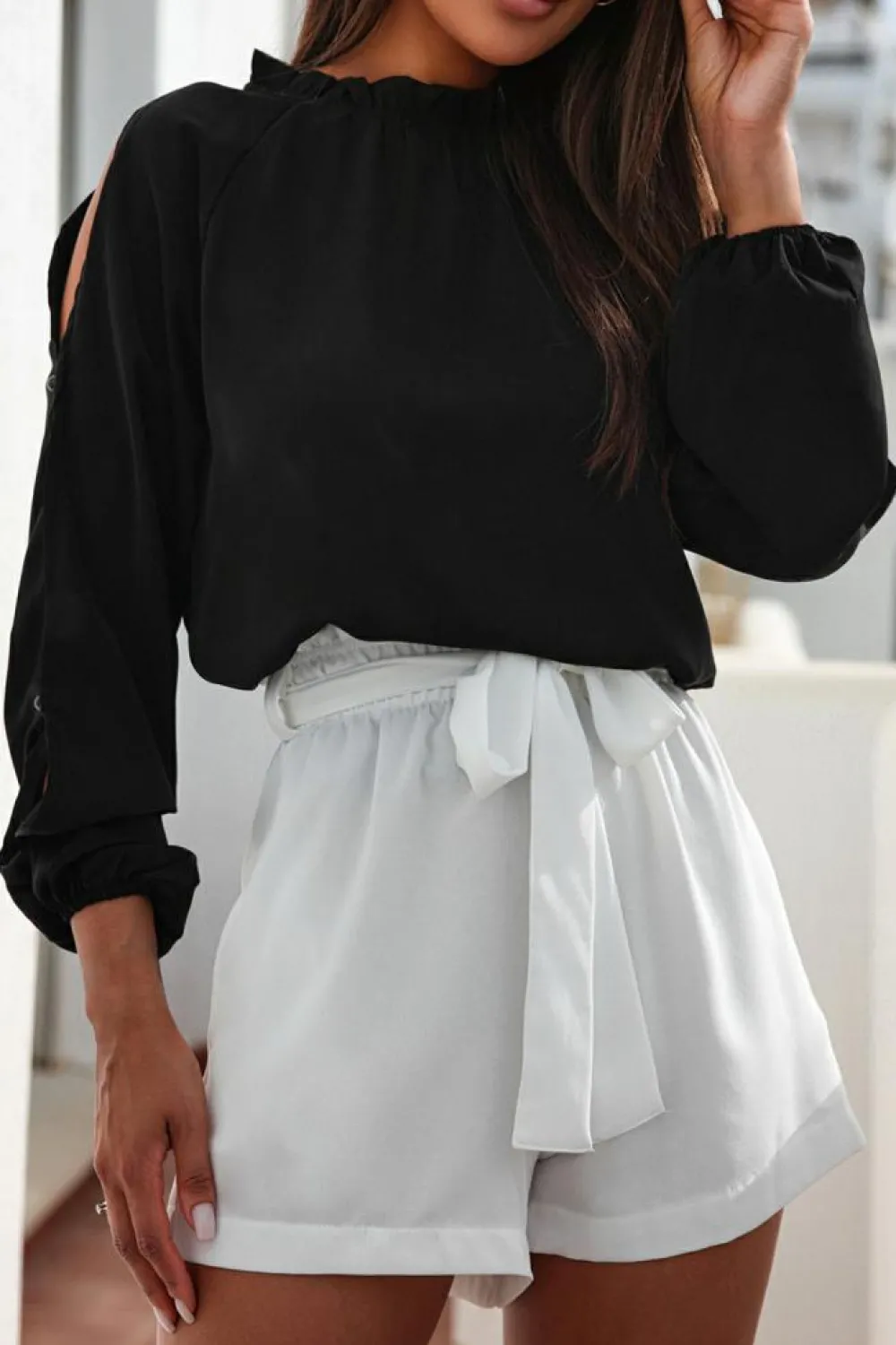 Outlet Dear-Lover Cold Shoulder Bishop Sleeve Blouse Black