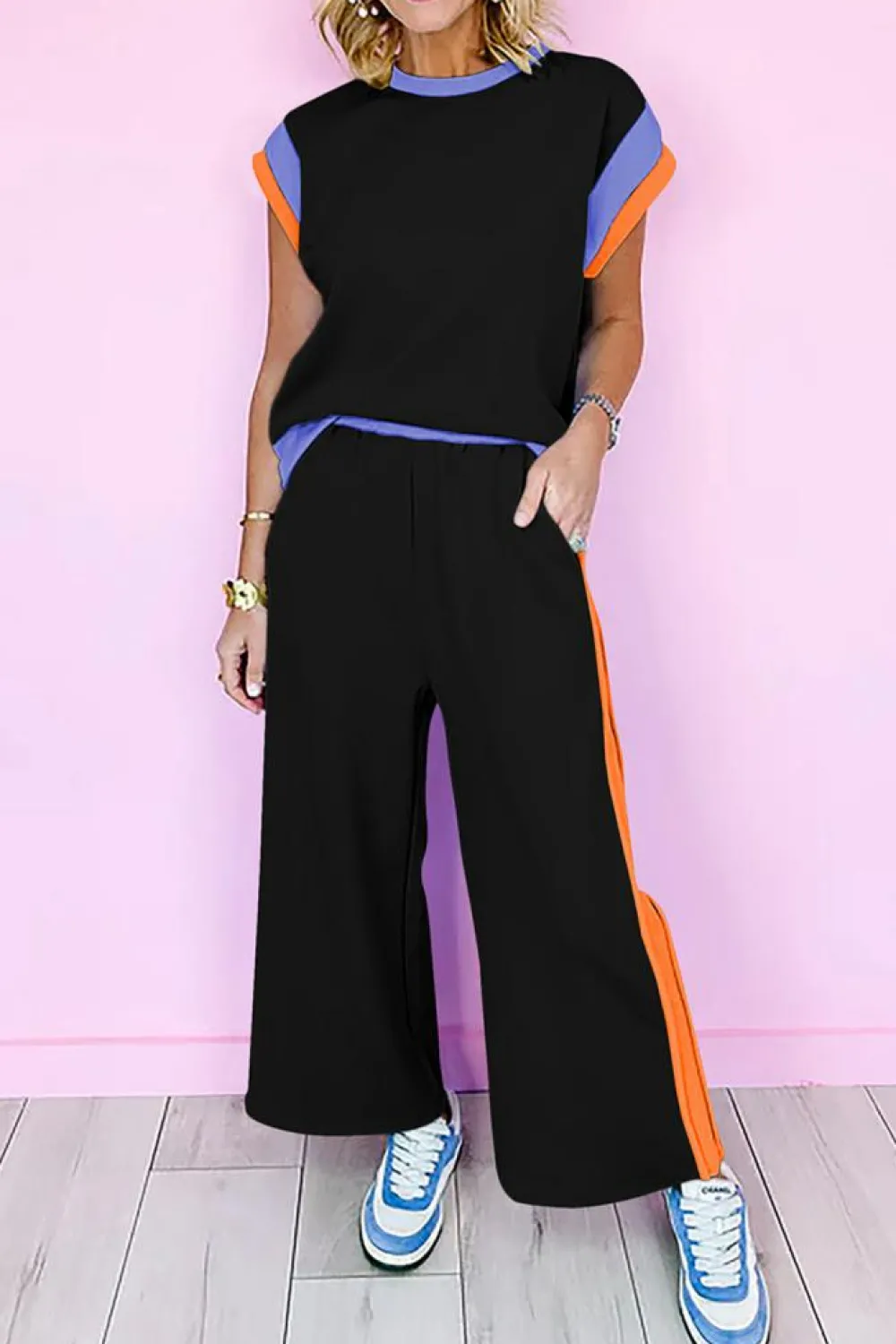Hot Dear-Lover Color Block Detail Casual Two-piece Outfit Black