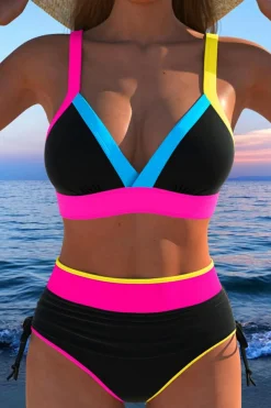Online Dear-Lover Color Block Drawstring Side V Neck High Waist Bikini Set Black