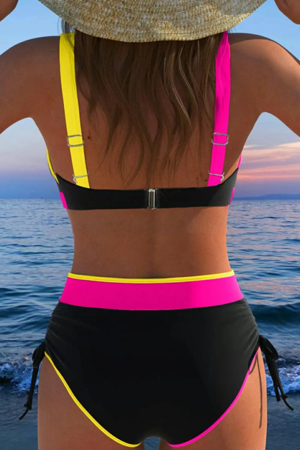 Online Dear-Lover Color Block Drawstring Side V Neck High Waist Bikini Set Black