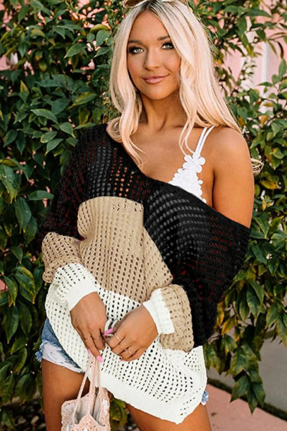 Hot Dear-Lover Color Block Eyelet Long Sleeve Twisted Back Knit Top Black