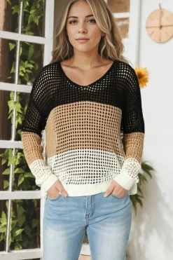 Hot Dear-Lover Color Block Eyelet Long Sleeve Twisted Back Knit Top Black