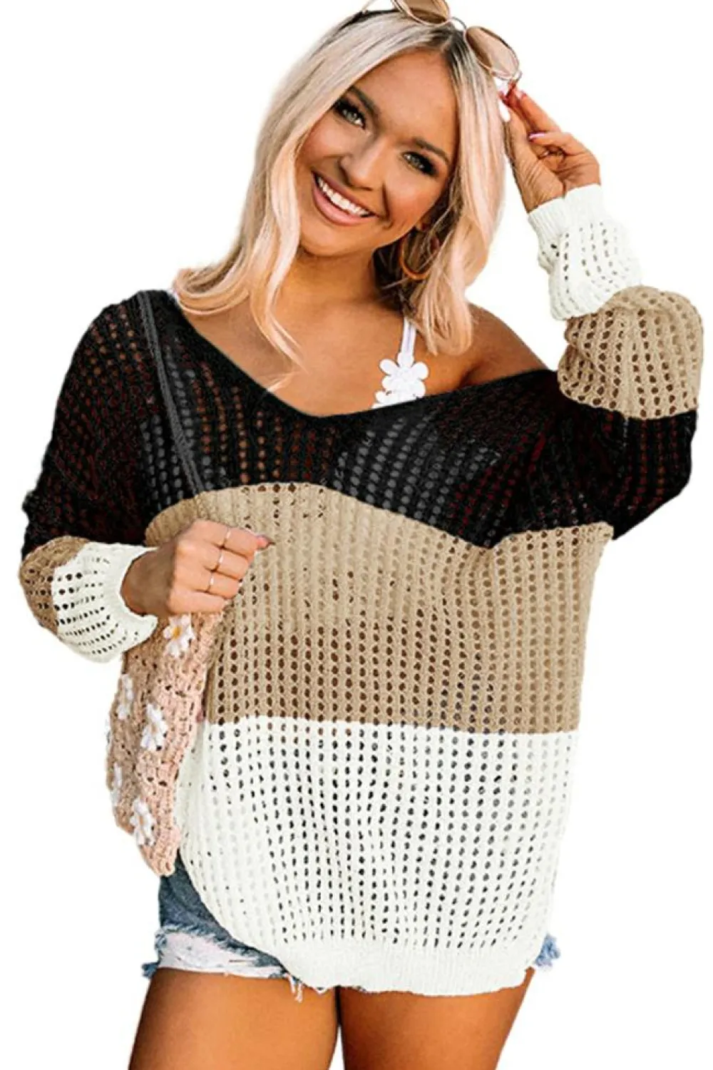 Hot Dear-Lover Color Block Eyelet Long Sleeve Twisted Back Knit Top Black