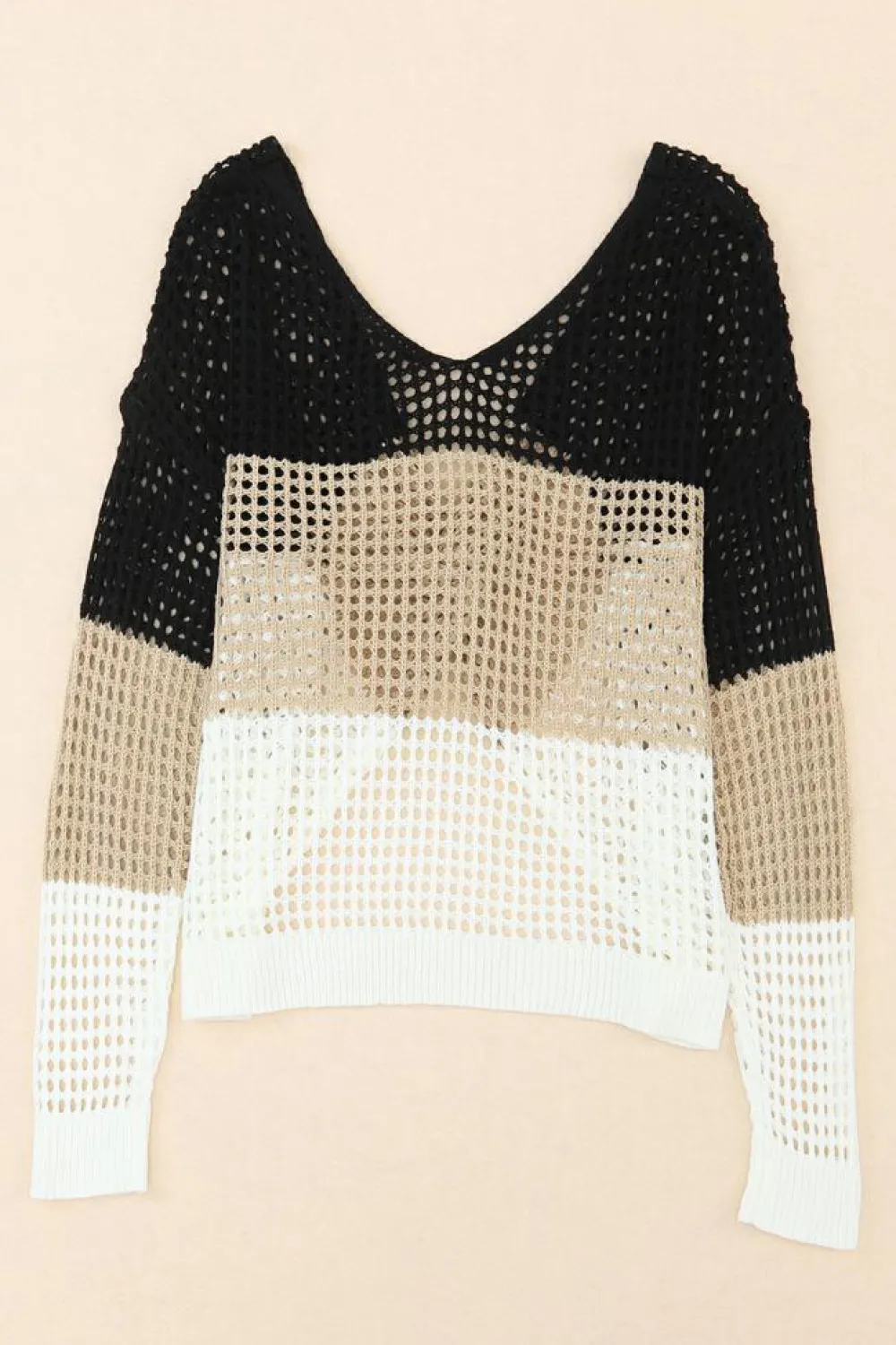 Hot Dear-Lover Color Block Eyelet Long Sleeve Twisted Back Knit Top Black